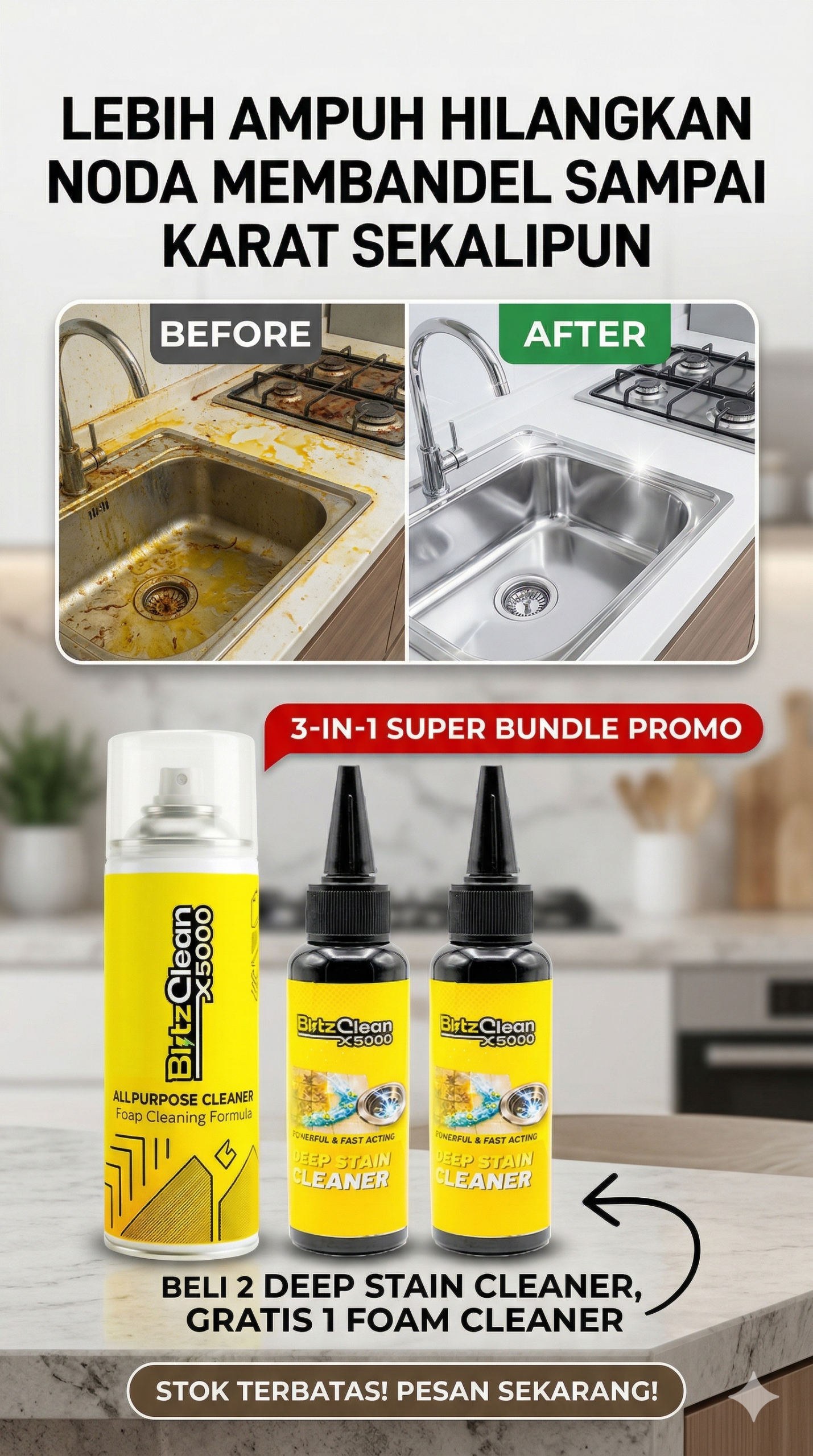Paket BlitzClean - Cairan Penghilang Noda + Botol Foam Semprot